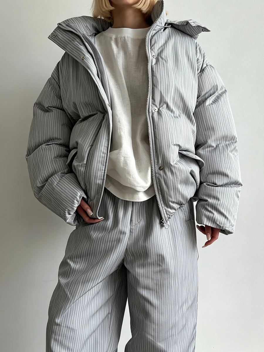 Bornladies Women's Striped Hooded Cotton Jacket Loose Winter Warm Casual Street Style Women's Windproof Winter Cotton Jacket