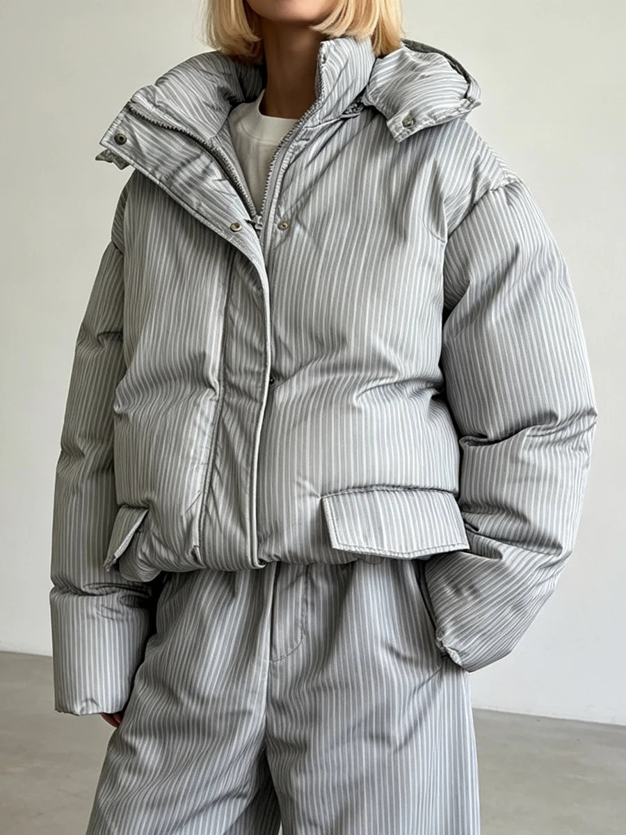 Bornladies Women's Striped Hooded Cotton Jacket Loose Winter Warm Casual Street Style Women's Windproof Winter Cotton Jacket