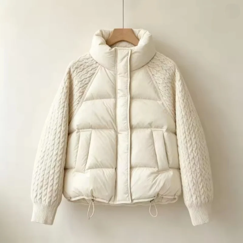 2026 New Winter Turtleneck Down Cotton Jacket Women Patchwork Knitted Warm Drawstring Short Puffer Coat Female Parkas