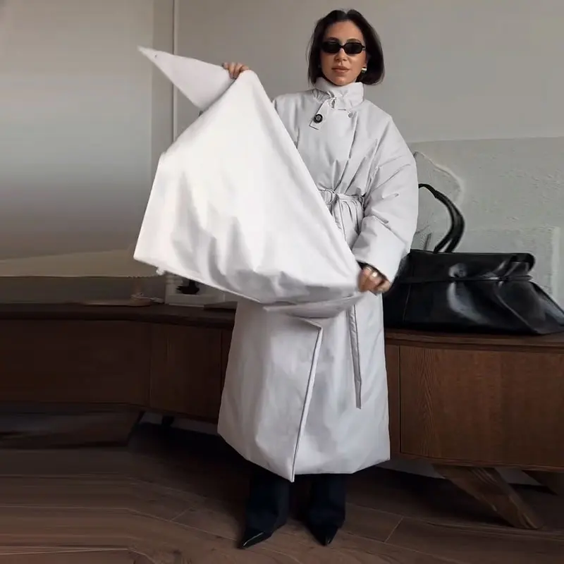 Fashion Women's Shawl Belt Long Cotton Padded Coat Stand Collar Lace Up Zipper Full Sleeve Coats 2026 Winter Lady Warm Jacket