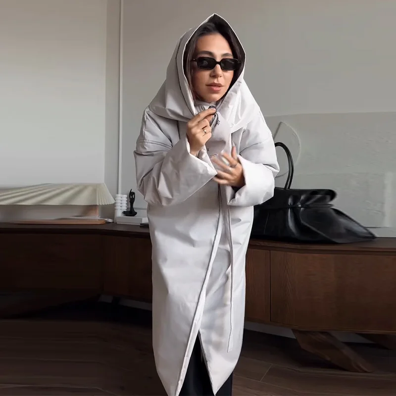 Fashion Women's Shawl Belt Long Cotton Padded Coat Stand Collar Lace Up Zipper Full Sleeve Coats 2026 Winter Lady Warm Jacket