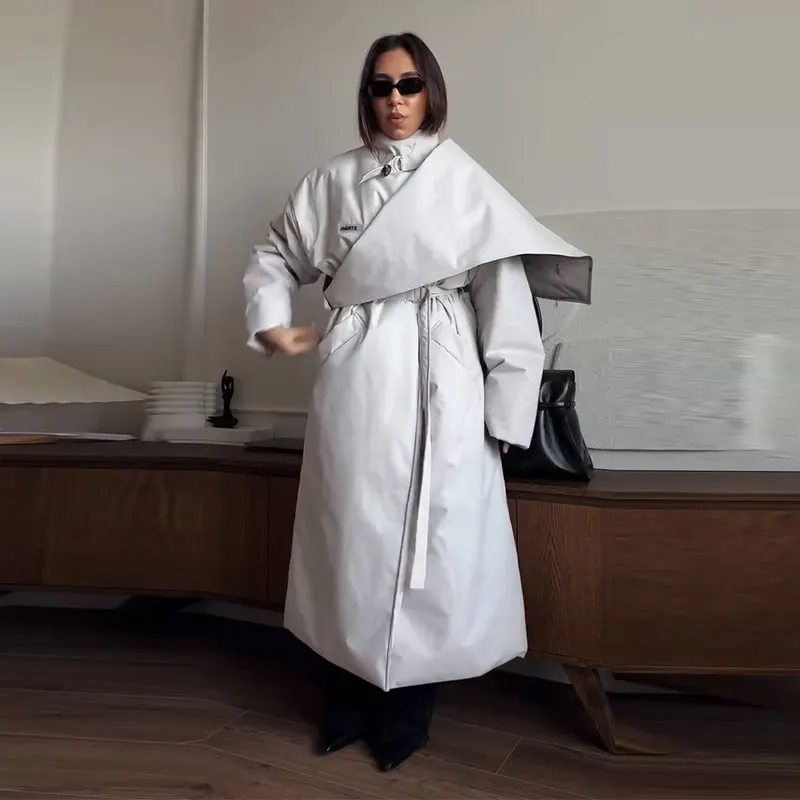 Fashion Women's Shawl Belt Long Cotton Padded Coat Stand Collar Lace Up Zipper Full Sleeve Coats 2026 Winter Lady Warm Jacket