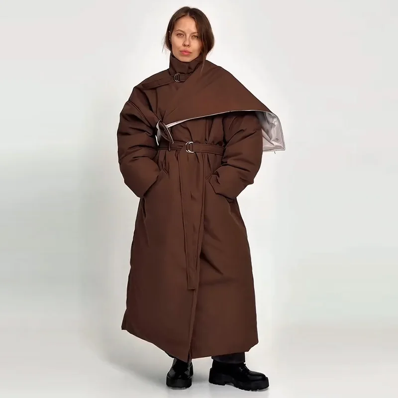 Fashion Women's Shawl Belt Long Cotton Padded Coat Stand Collar Lace Up Zipper Full Sleeve Coats 2026 Winter Lady Warm Jacket