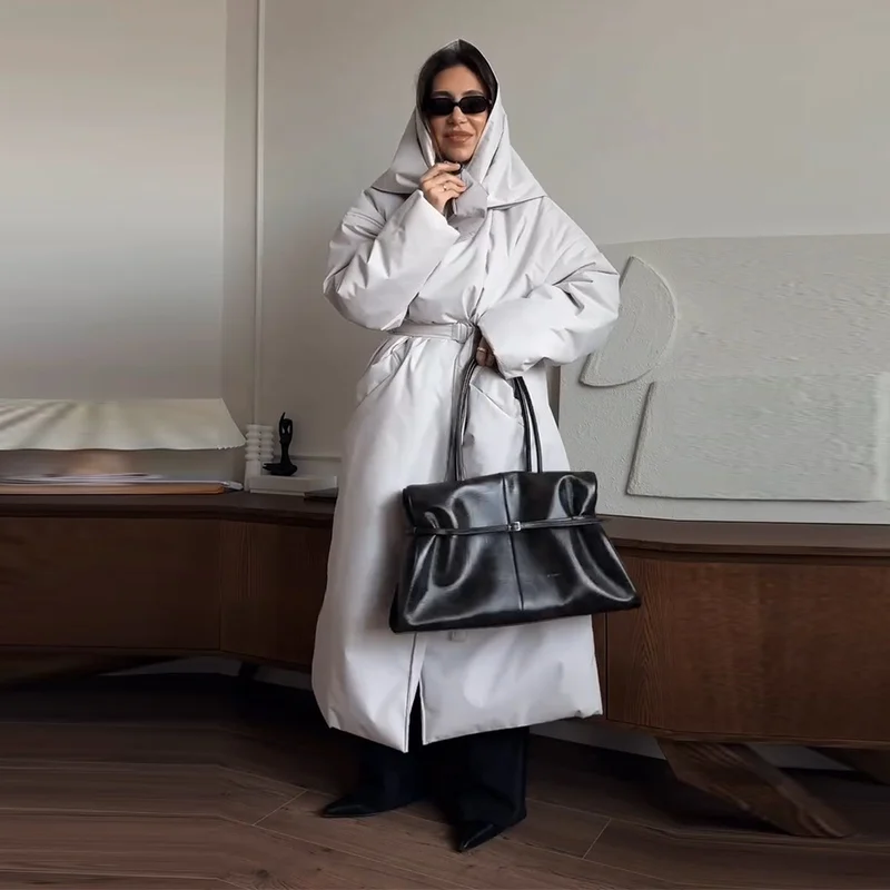 Fashion Women's Shawl Belt Long Cotton Padded Coat Stand Collar Lace Up Zipper Full Sleeve Coats 2026 Winter Lady Warm Jacket