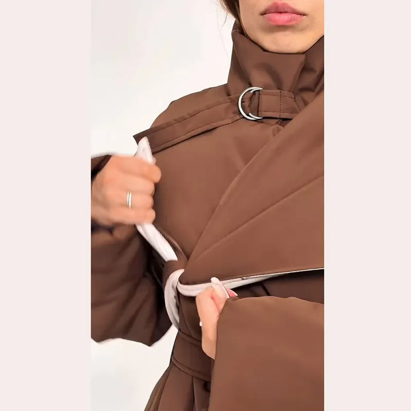 Fashion Women's Shawl Belt Long Cotton Padded Coat Stand Collar Lace Up Zipper Full Sleeve Coats 2026 Winter Lady Warm Jacket