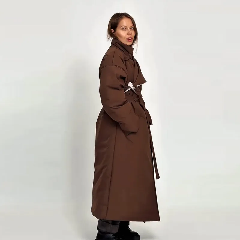 Fashion Women's Shawl Belt Long Cotton Padded Coat Stand Collar Lace Up Zipper Full Sleeve Coats 2026 Winter Lady Warm Jacket