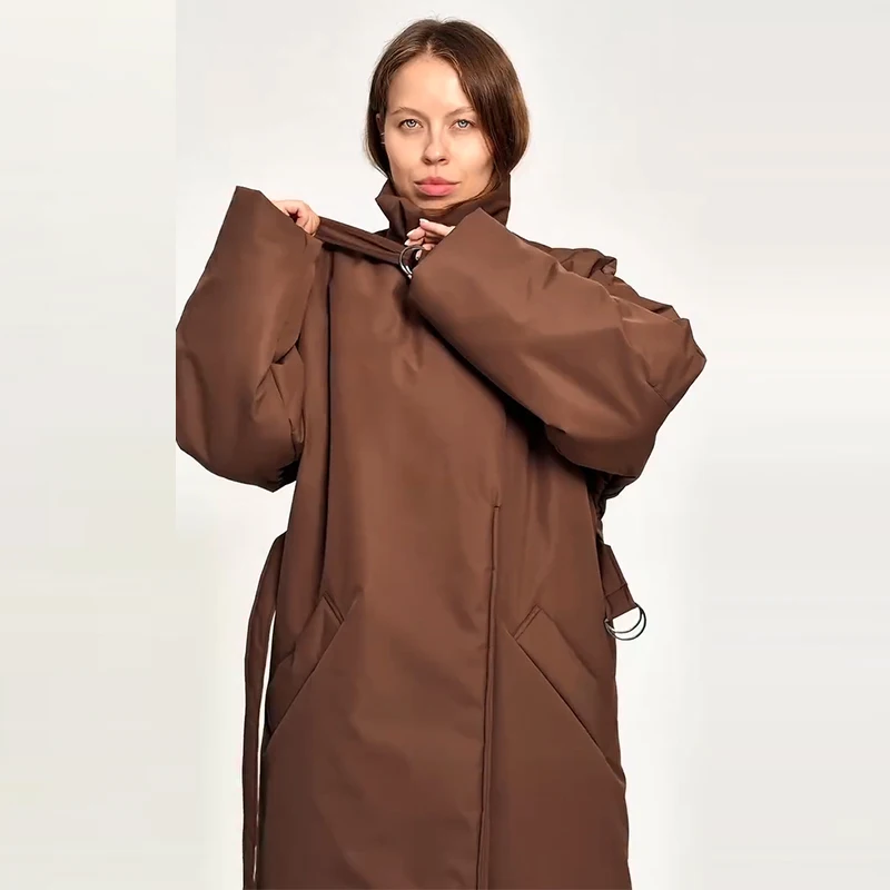 Fashion Women's Shawl Belt Long Cotton Padded Coat Stand Collar Lace Up Zipper Full Sleeve Coats 2026 Winter Lady Warm Jacket