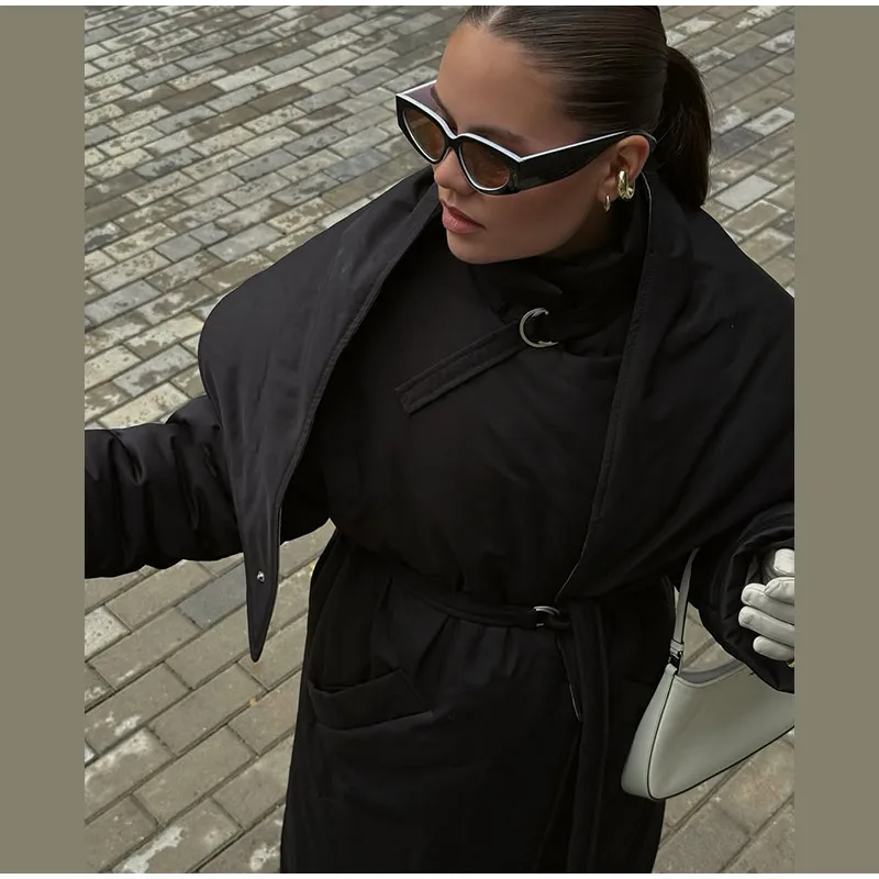 Fashion Women's Shawl Belt Long Cotton Padded Coat Stand Collar Lace Up Zipper Full Sleeve Coats 2026 Winter Lady Warm Jacket