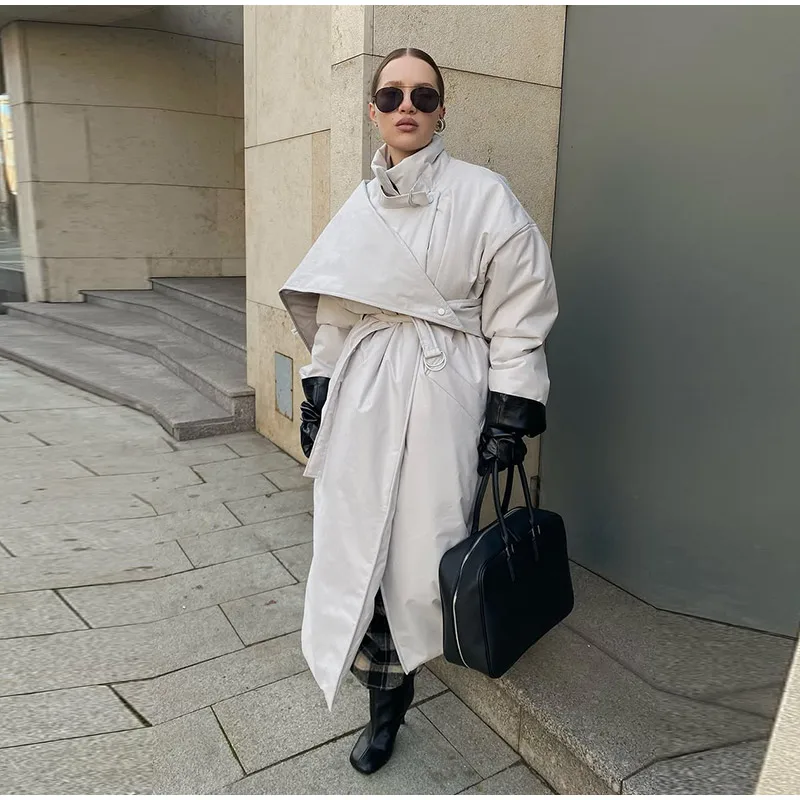 Fashion Women's Shawl Belt Long Cotton Padded Coat Stand Collar Lace Up Zipper Full Sleeve Coats 2026 Winter Lady Warm Jacket