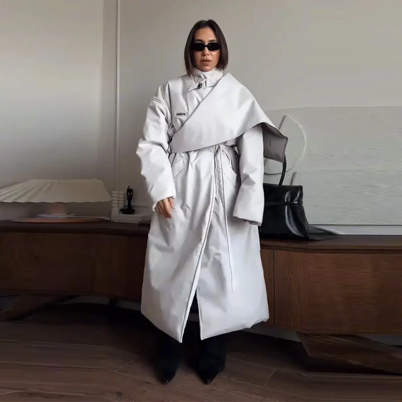 Fashion Women's Shawl Belt Long Cotton Padded Coat Stand Collar Lace Up Zipper Full Sleeve Coats 2026 Winter Lady Warm Jacket
