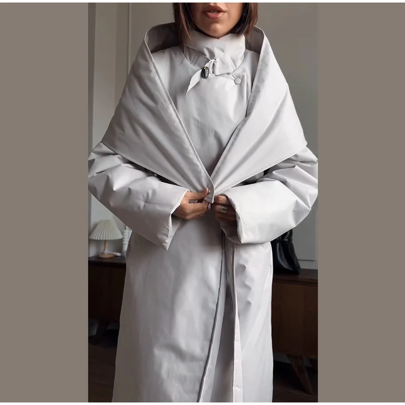 Fashion Women's Shawl Belt Long Cotton Padded Coat Stand Collar Lace Up Zipper Full Sleeve Coats 2026 Winter Lady Warm Jacket