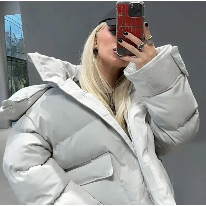Casual Women's Puffy Hooded Cotton Coat Loose Long Sleeve Pockets Zipper Padded Coats 2026 Winter Lady Drawstring Warm Jackets