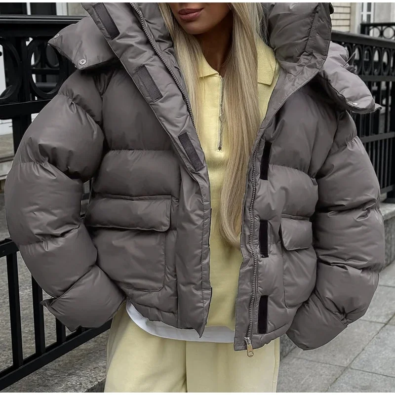 Casual Women's Puffy Hooded Cotton Coat Loose Long Sleeve Pockets Zipper Padded Coats 2026 Winter Lady Drawstring Warm Jackets