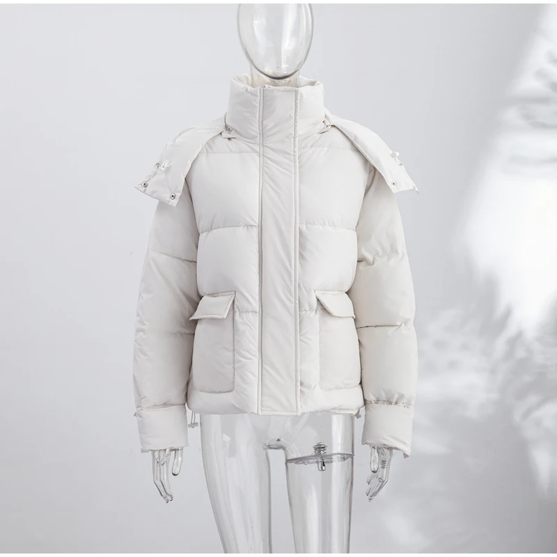 Casual Women's Puffy Hooded Cotton Coat Loose Long Sleeve Pockets Zipper Padded Coats 2026 Winter Lady Drawstring Warm Jackets