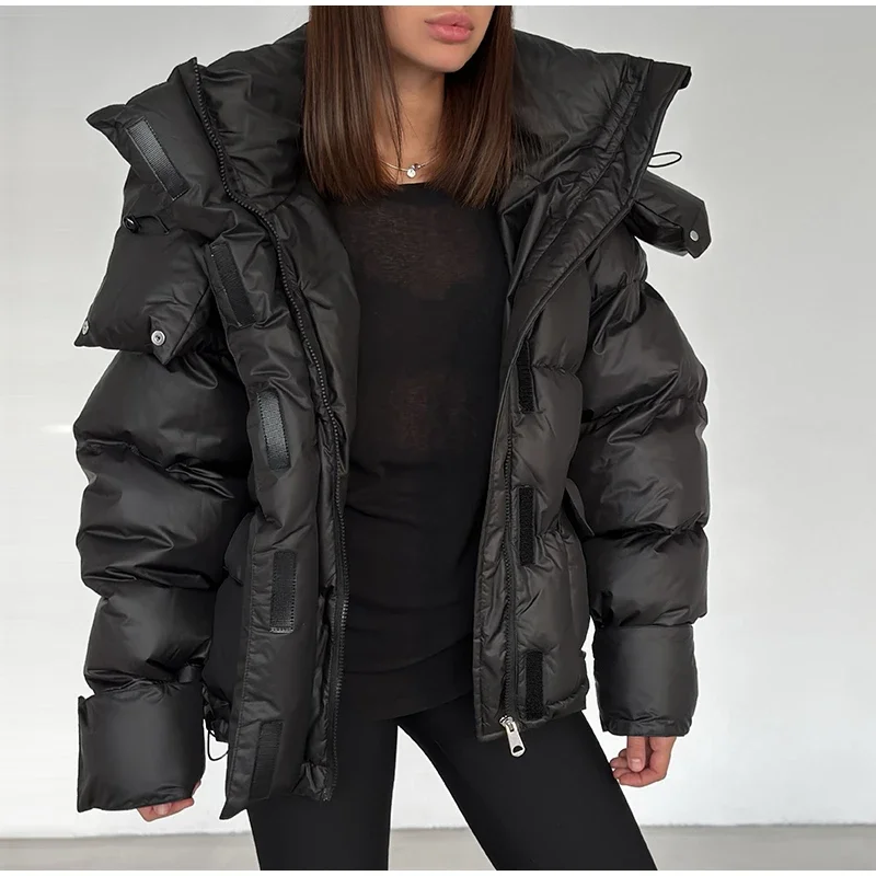 Casual Women's Puffy Hooded Cotton Coat Loose Long Sleeve Pockets Zipper Padded Coats 2026 Winter Lady Drawstring Warm Jackets
