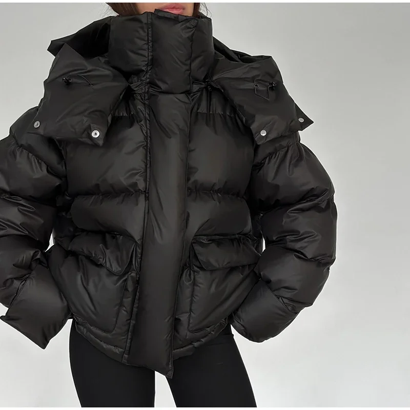Casual Women's Puffy Hooded Cotton Coat Loose Long Sleeve Pockets Zipper Padded Coats 2026 Winter Lady Drawstring Warm Jackets