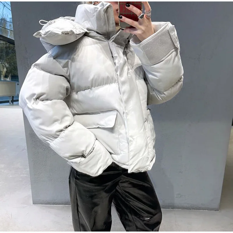 Casual Women's Puffy Hooded Cotton Coat Loose Long Sleeve Pockets Zipper Padded Coats 2026 Winter Lady Drawstring Warm Jackets