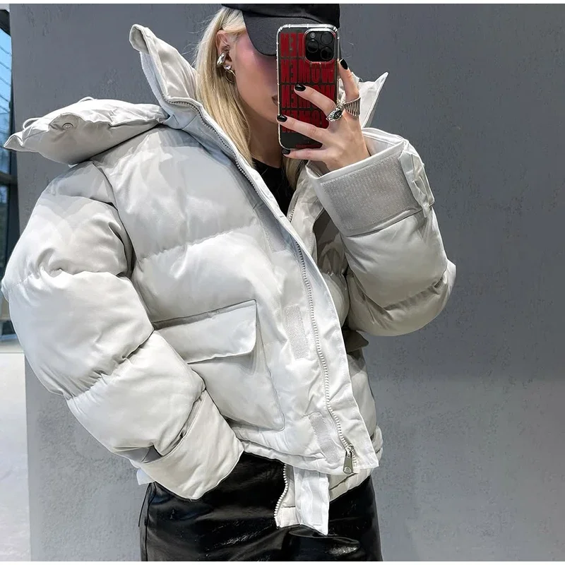 Casual Women's Puffy Hooded Cotton Coat Loose Long Sleeve Pockets Zipper Padded Coats 2026 Winter Lady Drawstring Warm Jackets