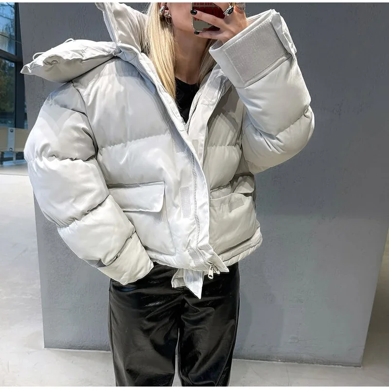 Casual Women's Puffy Hooded Cotton Coat Loose Long Sleeve Pockets Zipper Padded Coats 2026 Winter Lady Drawstring Warm Jackets