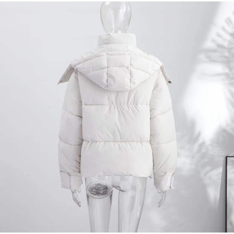 Casual Women's Puffy Hooded Cotton Coat Loose Long Sleeve Pockets Zipper Padded Coats 2026 Winter Lady Drawstring Warm Jackets