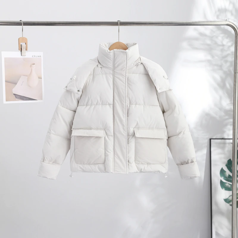 Casual Women's Puffy Hooded Cotton Coat Loose Long Sleeve Pockets Zipper Padded Coats 2026 Winter Lady Drawstring Warm Jackets