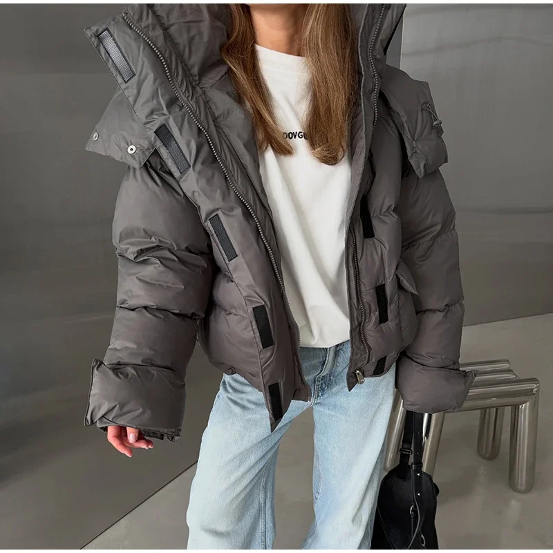 Casual Women's Puffy Hooded Cotton Coat Loose Long Sleeve Pockets Zipper Padded Coats 2026 Winter Lady Drawstring Warm Jackets