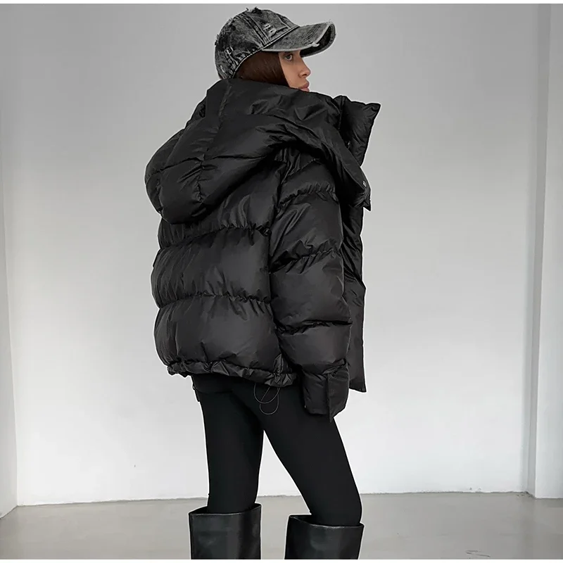 Casual Women's Puffy Hooded Cotton Coat Loose Long Sleeve Pockets Zipper Padded Coats 2026 Winter Lady Drawstring Warm Jackets