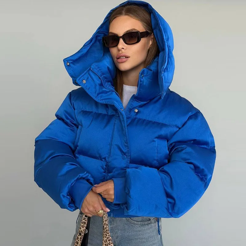 Women's Puffy Cotton Hooded Coats Loose Stand Collar Zipper Pockets Elastic Hem Padded Cropped Coat 2026 Winter Lady Jacket New