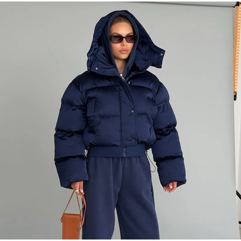 Women's Puffy Cotton Hooded Coats Loose Stand Collar Zipper Pockets Elastic Hem Padded Cropped Coat 2026 Winter Lady Jacket New