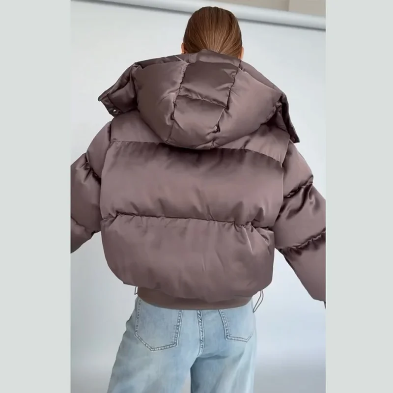 Women's Puffy Cotton Hooded Coats Loose Stand Collar Zipper Pockets Elastic Hem Padded Cropped Coat 2026 Winter Lady Jacket New