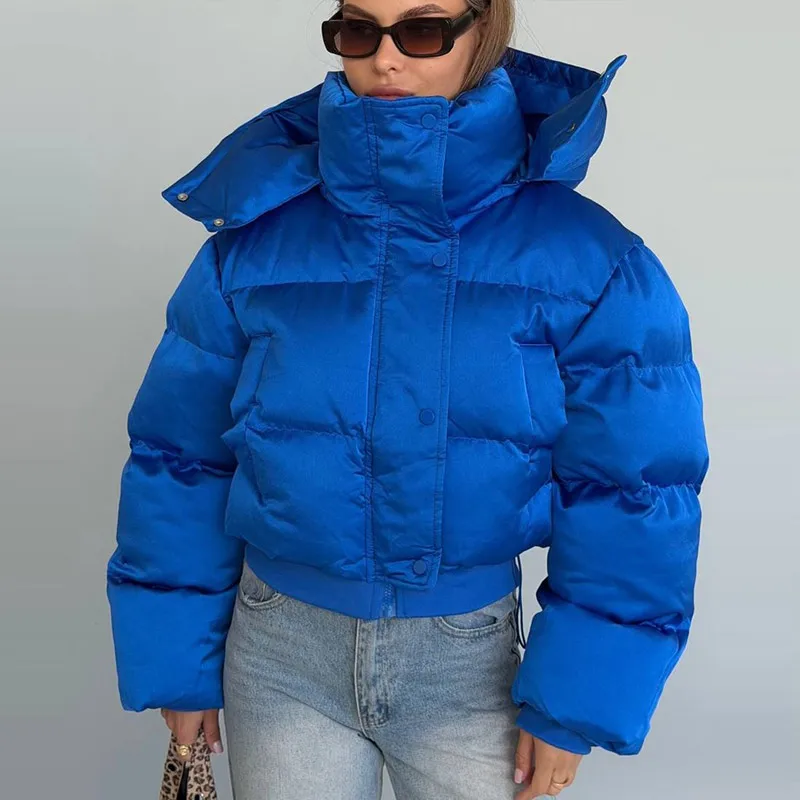 Women's Puffy Cotton Hooded Coats Loose Stand Collar Zipper Pockets Elastic Hem Padded Cropped Coat 2026 Winter Lady Jacket New