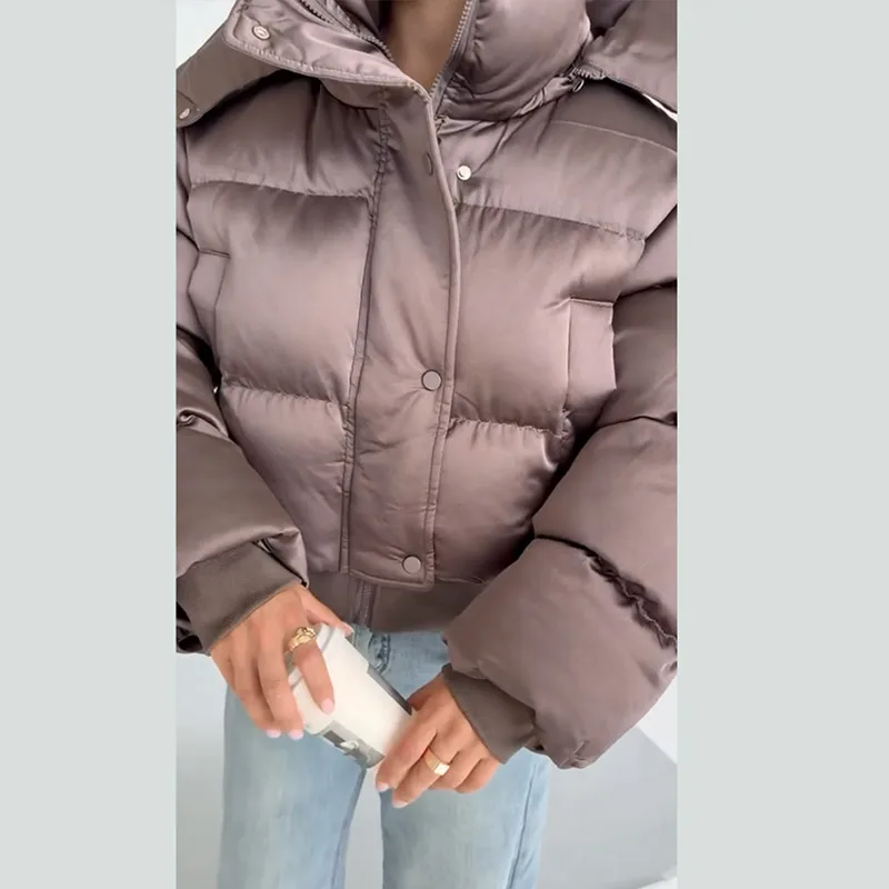 Women's Puffy Cotton Hooded Coats Loose Stand Collar Zipper Pockets Elastic Hem Padded Cropped Coat 2026 Winter Lady Jacket New