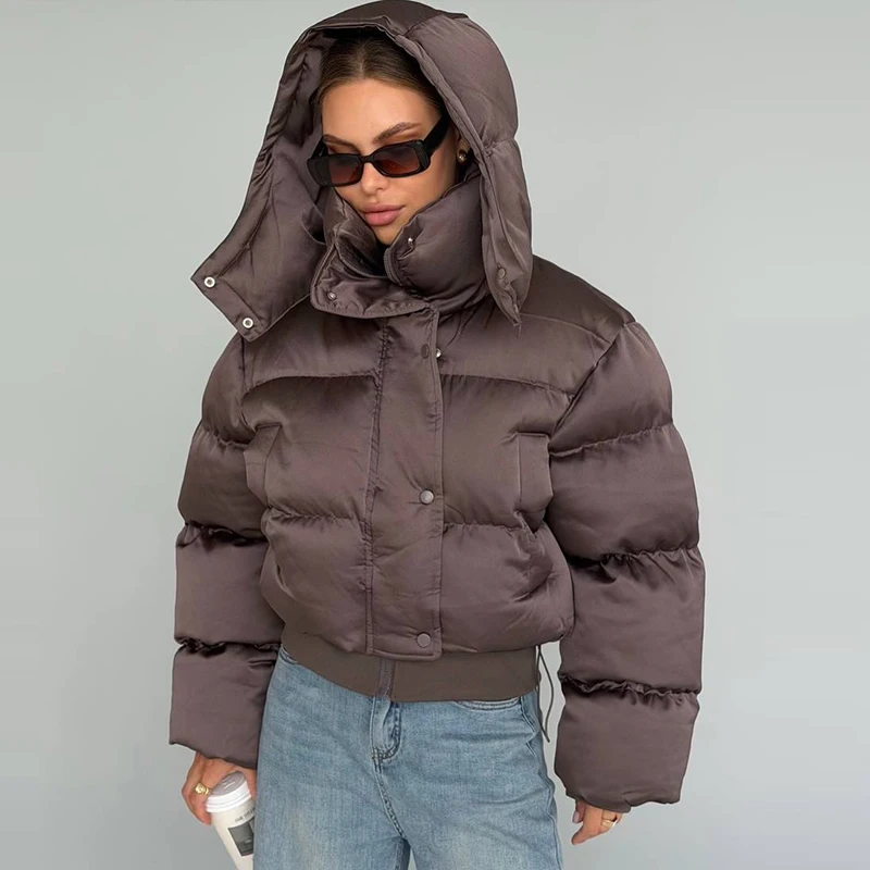 Women's Puffy Cotton Hooded Coats Loose Stand Collar Zipper Pockets Elastic Hem Padded Cropped Coat 2026 Winter Lady Jacket New