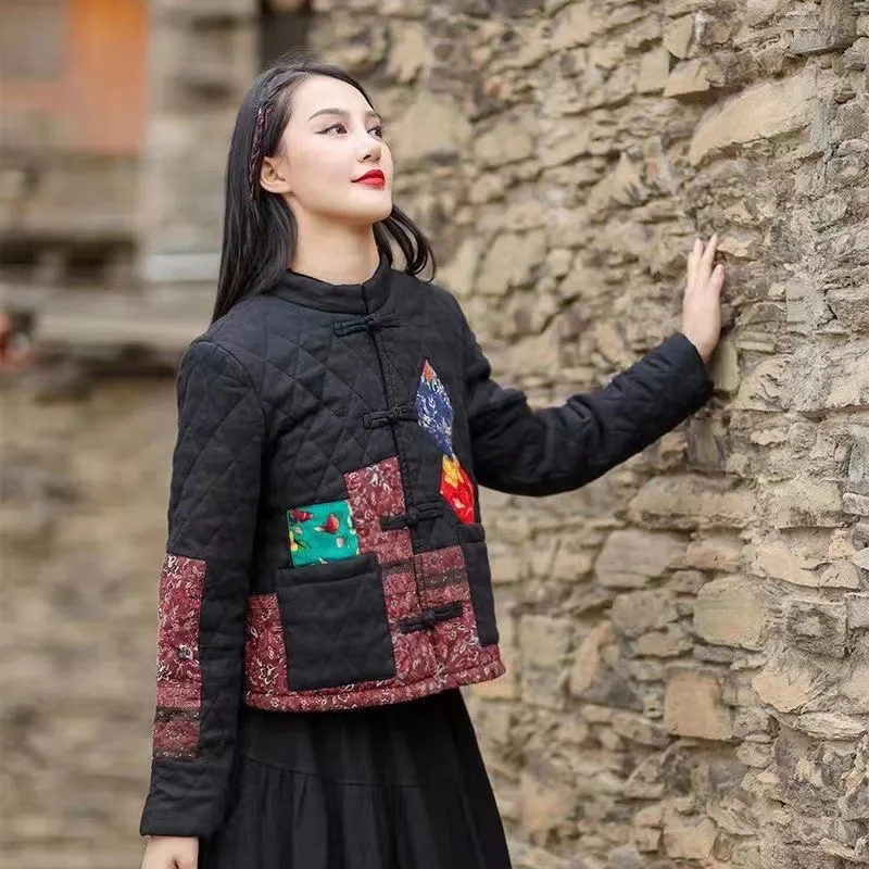 Hot Autumn Winter Arts Style Women Long Sleeve Vintage Short Coat Patchwork Cotton M-5XL Linen Single Breasted Thicken Jackets