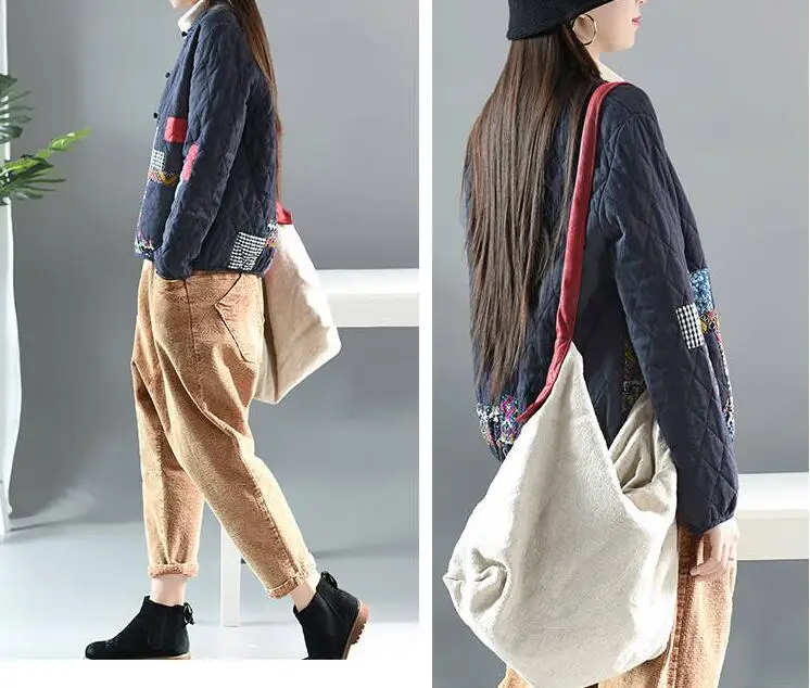 Hot Autumn Winter Arts Style Women Long Sleeve Vintage Short Coat Patchwork Cotton M-5XL Linen Single Breasted Thicken Jackets