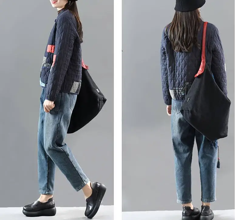 Hot Autumn Winter Arts Style Women Long Sleeve Vintage Short Coat Patchwork Cotton M-5XL Linen Single Breasted Thicken Jackets