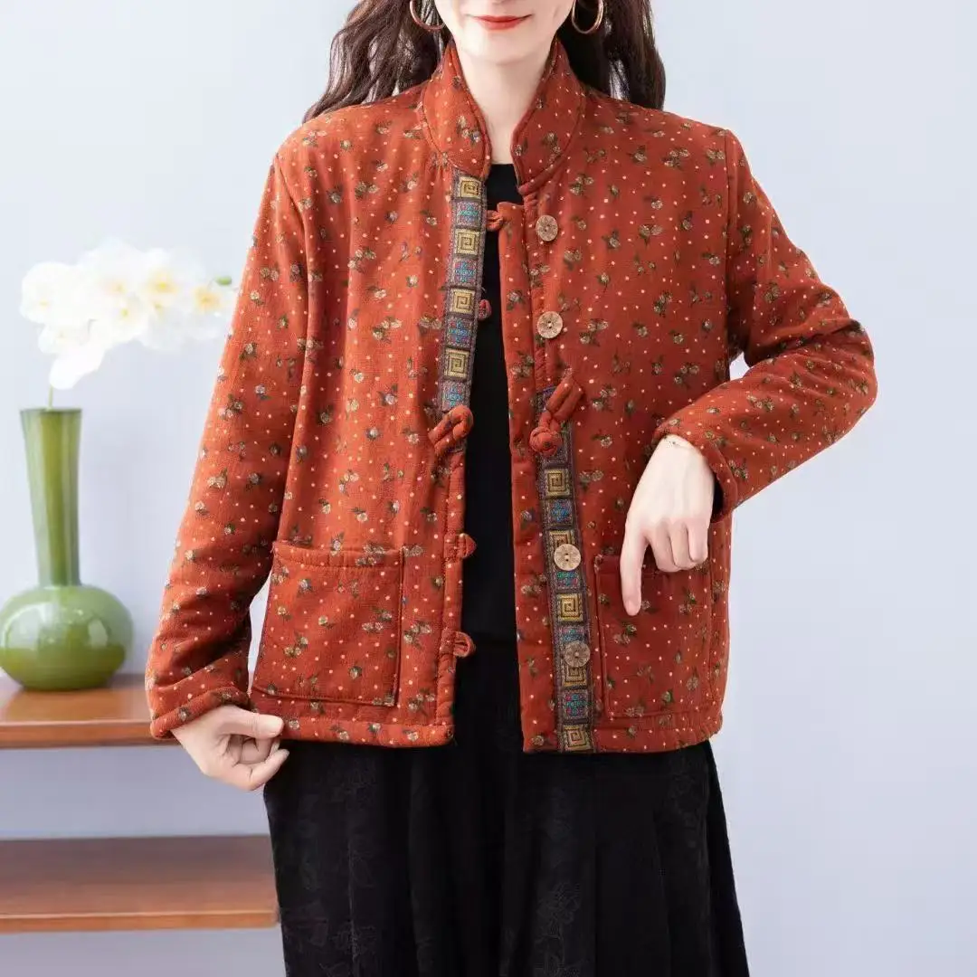 Hot Autumn Winter Arts Style Women Long Sleeve Vintage Short Coat Patchwork Cotton M-5XL Linen Single Breasted Thicken Jackets