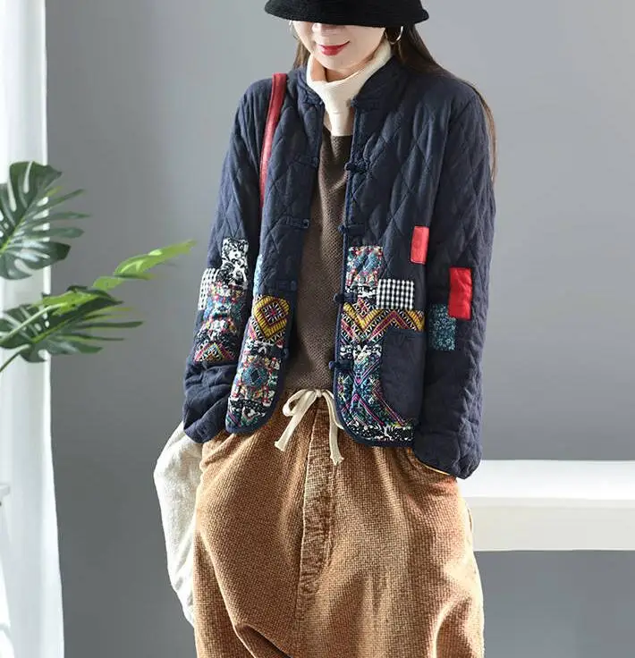 Hot Autumn Winter Arts Style Women Long Sleeve Vintage Short Coat Patchwork Cotton M-5XL Linen Single Breasted Thicken Jackets