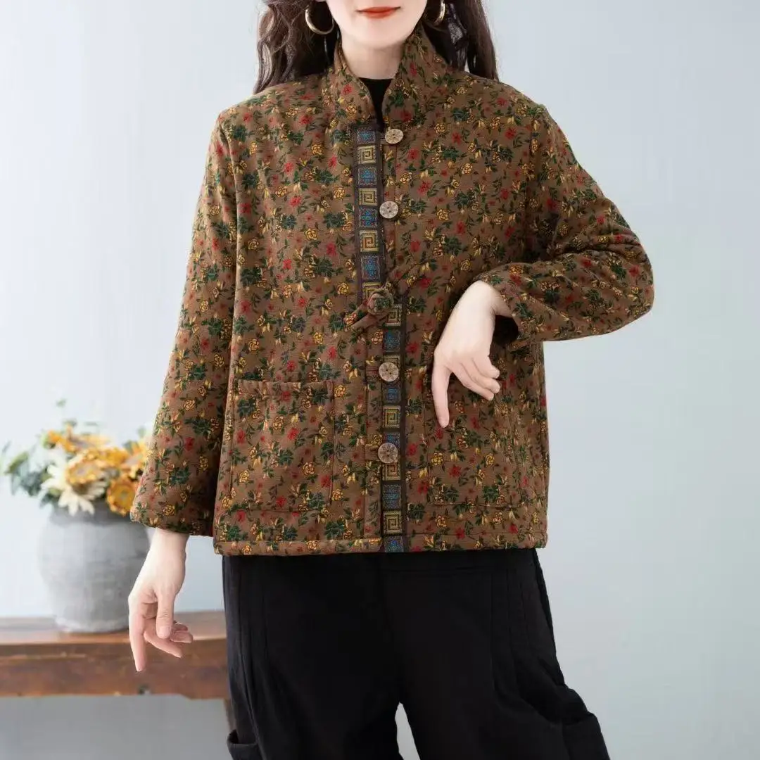 Hot Autumn Winter Arts Style Women Long Sleeve Vintage Short Coat Patchwork Cotton M-5XL Linen Single Breasted Thicken Jackets