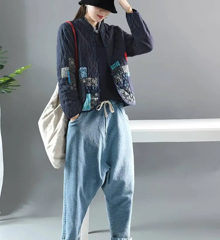 Hot Autumn Winter Arts Style Women Long Sleeve Vintage Short Coat Patchwork Cotton M-5XL Linen Single Breasted Thicken Jackets