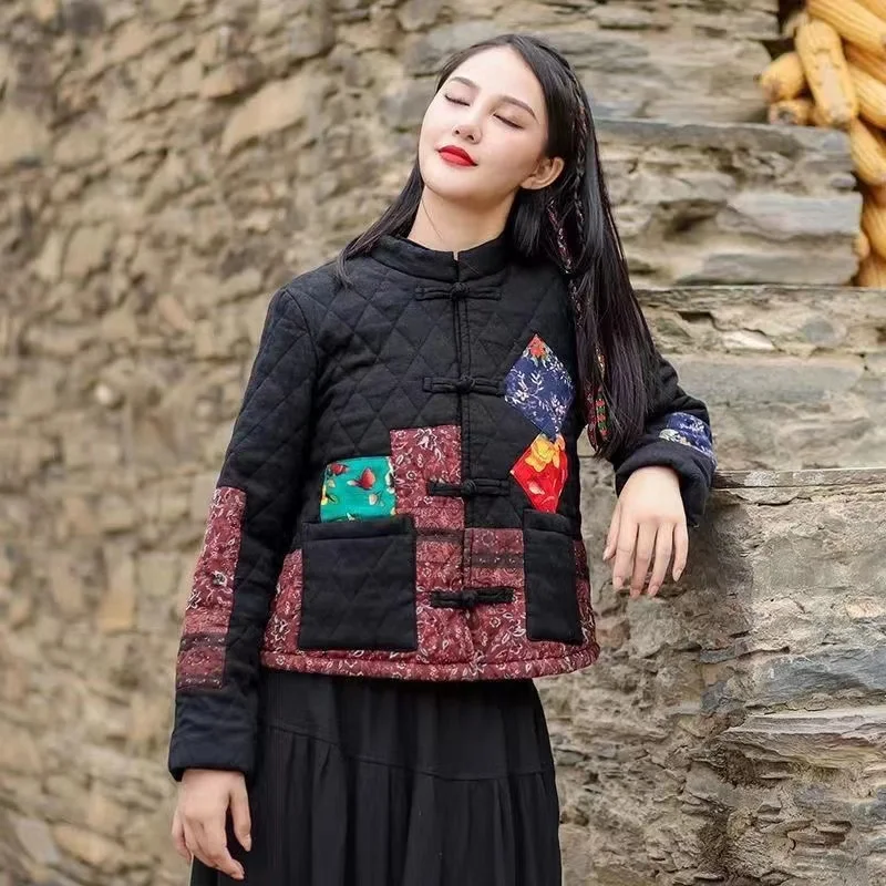 Hot Autumn Winter Arts Style Women Long Sleeve Vintage Short Coat Patchwork Cotton M-5XL Linen Single Breasted Thicken Jackets