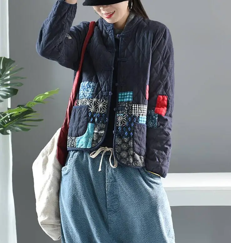 Hot Autumn Winter Arts Style Women Long Sleeve Vintage Short Coat Patchwork Cotton M-5XL Linen Single Breasted Thicken Jackets