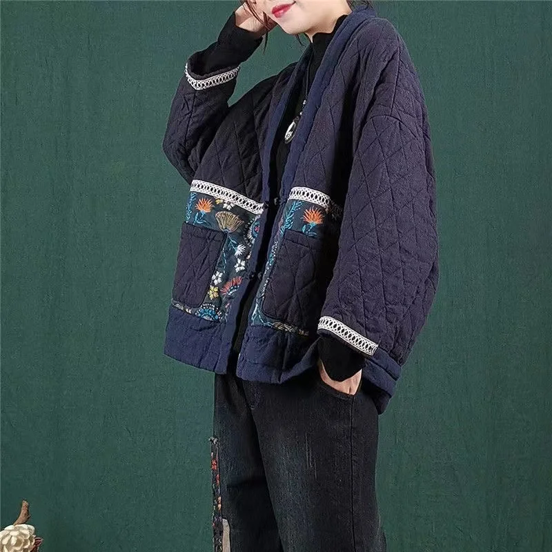 Hot Autumn Winter Arts Style Women Long Sleeve Vintage Short Coat Patchwork Cotton M-5XL Linen Single Breasted Thicken Jackets