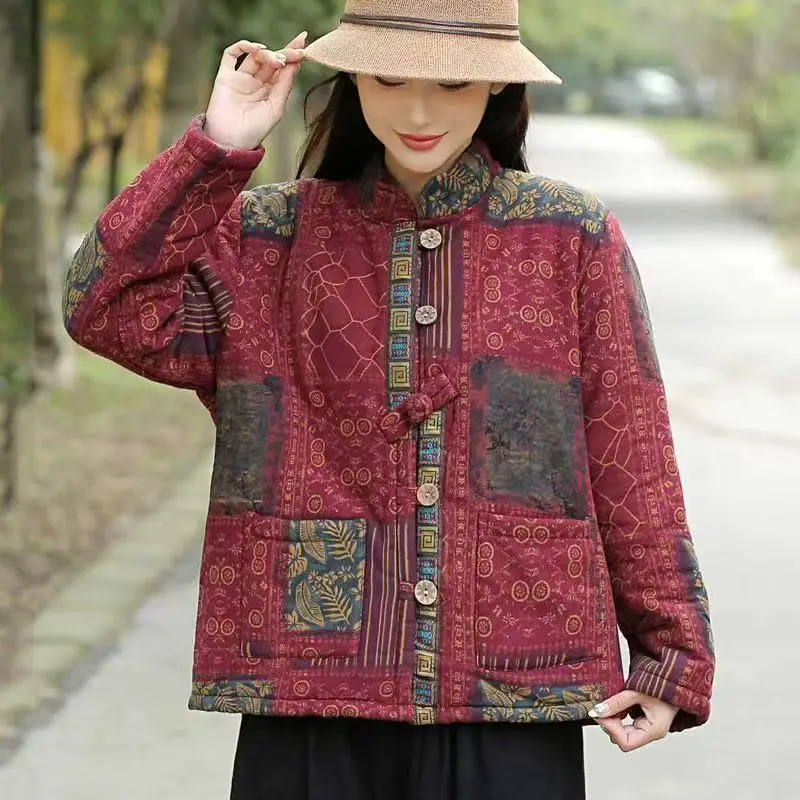 Hot Autumn Winter Arts Style Women Long Sleeve Vintage Short Coat Patchwork Cotton M-5XL Linen Single Breasted Thicken Jackets