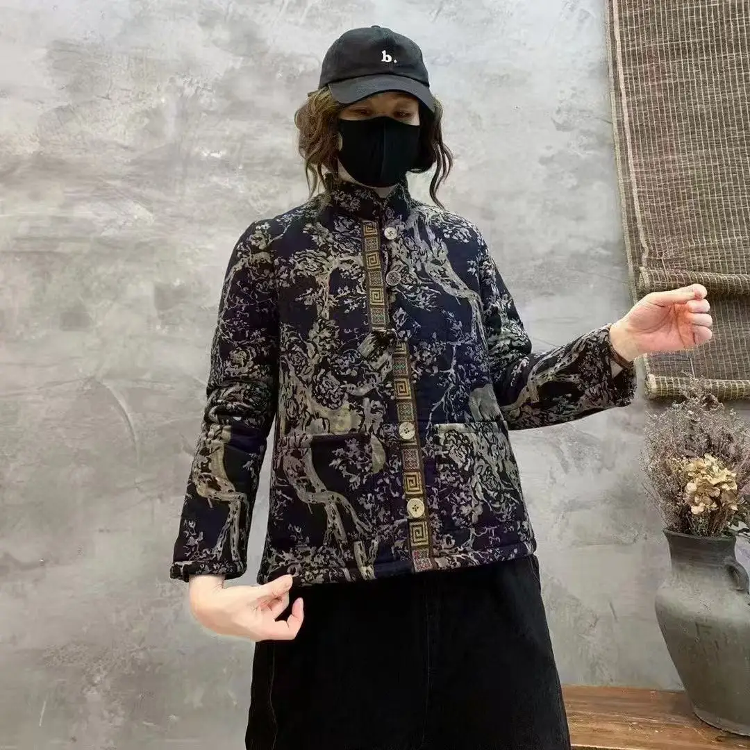Hot Autumn Winter Arts Style Women Long Sleeve Vintage Short Coat Patchwork Cotton M-5XL Linen Single Breasted Thicken Jackets