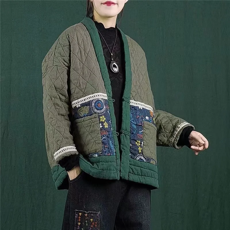 Hot Autumn Winter Arts Style Women Long Sleeve Vintage Short Coat Patchwork Cotton M-5XL Linen Single Breasted Thicken Jackets