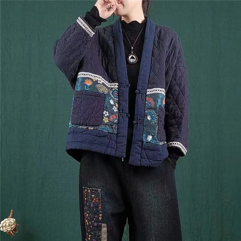 Hot Autumn Winter Arts Style Women Long Sleeve Vintage Short Coat Patchwork Cotton M-5XL Linen Single Breasted Thicken Jackets