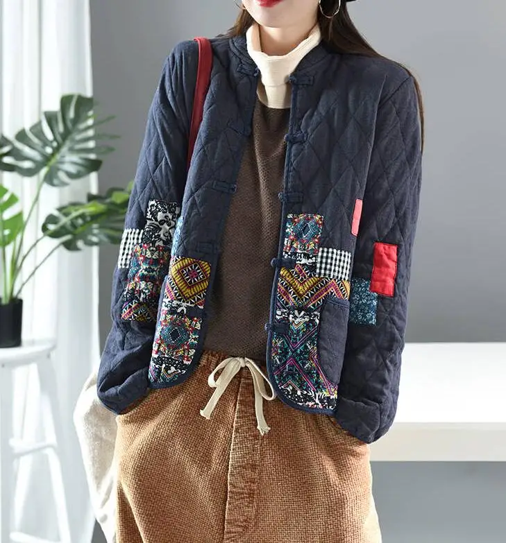 Hot Autumn Winter Arts Style Women Long Sleeve Vintage Short Coat Patchwork Cotton M-5XL Linen Single Breasted Thicken Jackets