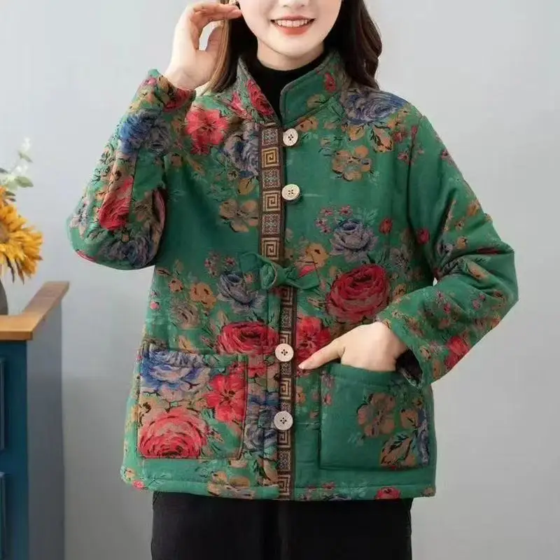 Hot Autumn Winter Arts Style Women Long Sleeve Vintage Short Coat Patchwork Cotton M-5XL Linen Single Breasted Thicken Jackets