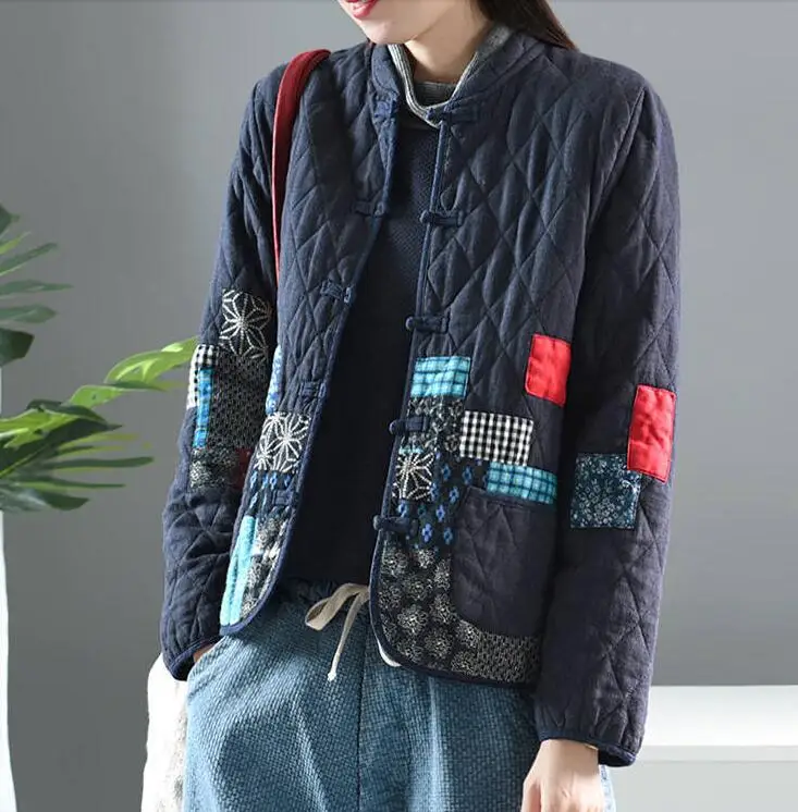 Hot Autumn Winter Arts Style Women Long Sleeve Vintage Short Coat Patchwork Cotton M-5XL Linen Single Breasted Thicken Jackets